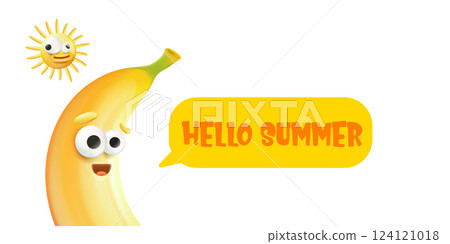 Hello Summer Vector Funny Banana and Sun Cartoon with Sunglasses, Bright Seasonal Design for Summer Celebrations and Tropical Vibes. Hellow summer banner design template with banana character isolated Hello Summer Vector Funny Banana and Sun Cartoon with Sunglasses, Bright Seasonal Design for Summer Celebrations and Tropical Vibes. Hellow summer banner design template with banana character isolated 124121018