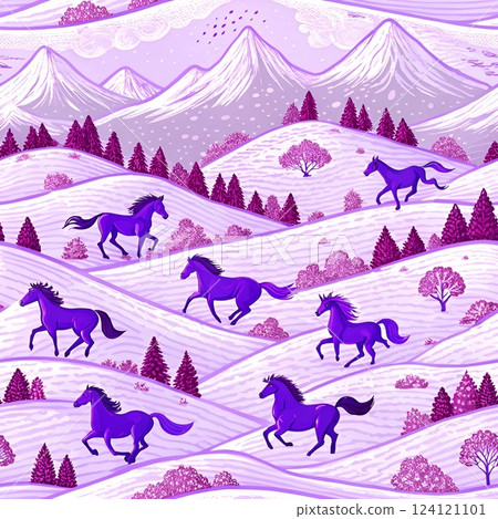 Seamless pattern of horses Winter Mountain Landscape 124121101