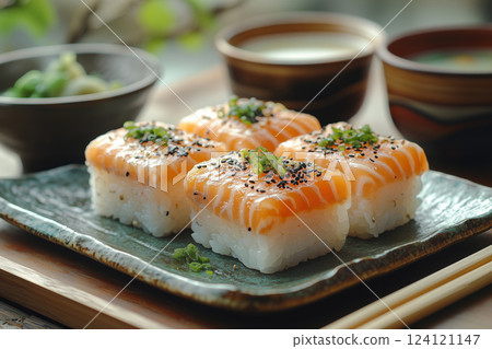 a Japanese kaiseki meal, featuring small, elegantly arranged dishes of sushi, tempura, and miso soup, served on lacquerware with chopsticks and sake cups, under soft ambient lighting 124121147