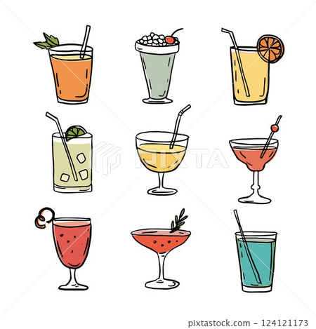 Set of hand drawn doodle alcoholic drinks, cocktails with orange lemon, slices, ice, cherries. Happy New Year summer celebration, birthday party. Isolated vector icons, line illustration clipart Set of hand drawn doodle alcoholic drinks, cocktails with orange lemon, slices, ice, cherries. Happy New Year summer celebration, birthday party. Isolated vector icons, line illustration clipart 124121173