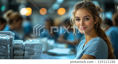 a female organizer coordinating medical supplies with healthcare volunteers, pointing to a checklist while others sort packages, with clean space on the right for branding 124121188