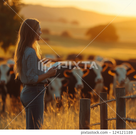 a female rancher standing near a herd of cattle, holding a notebook and talking to a farmhand, with a wooden fence and open pastures in the background under golden sunlight 124121189