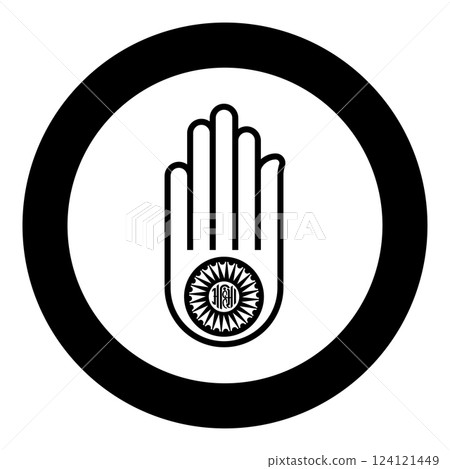 Hand Akhimsa Ahimsa arm Jainism Jain religion symbol Dharma Ahinsa icon in circle round black color vector illustration image solid outline style 124121449