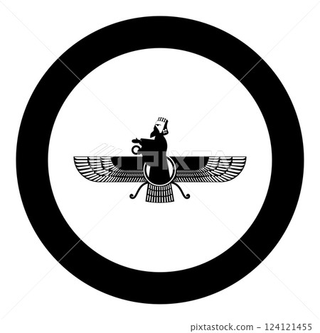 Zoroastrism religion Faravahar Zorostrian symbol Parsi icon in circle round black color vector illustration image solid outline style Zoroastrism religion Faravahar Zorostrian symbol Parsi icon in circle round black color vector illustration image solid outline style 124121455
