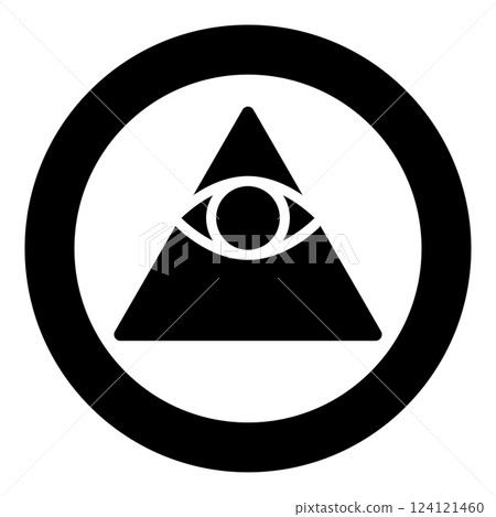 Kao Give all seeing eye in pyramid inside triangle Illuminati symbol Masonic icon in circle round black color vector illustration image solid outline style 124121460