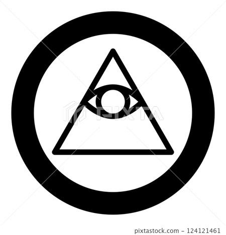 Kao Give all seeing eye in pyramid inside triangle Illuminati symbol Masonic icon in circle round black color vector illustration image solid outline style Kao Give all seeing eye in pyramid inside triangle Illuminati symbol Masonic icon in circle round black color vector illustration image solid outline style 124121461