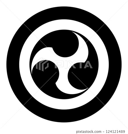 Tomoe symbol religious sign Japanese religions Oriental three petal icon in circle round black color vector illustration image solid outline style Tomoe symbol religious sign Japanese religions Oriental three petal icon in circle round black color vector illustration image solid outline style 124121489
