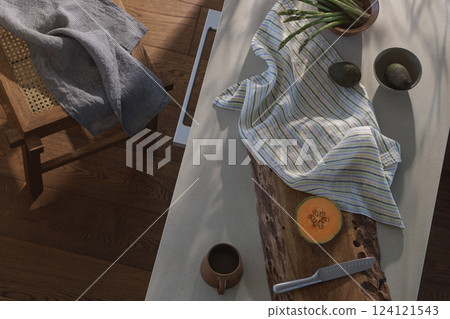 Fresh healthy vegetables and fruits on kitchen counter top view. Healthy lifestyle concept. Kitchen aesthetics concept Fresh healthy vegetables and fruits on kitchen counter top view. Healthy lifestyle concept. Kitchen aesthetics concept 124121543