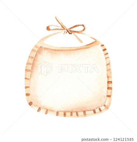 Newborn Baby beige Bib. Watercolor hand drawn illustration of cute Infant accessory in eco style. For invitations, Gender party, Baby shower, Greeting cards, Nursery posters, tags and stickers. 124121585