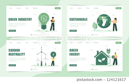 CO2 neutral. Set of Landing page templates. Net zero emissions and carbon dioxide balance. Eco industrial development concept. Green factory. Vector illustration in flat cartoon style 124121617