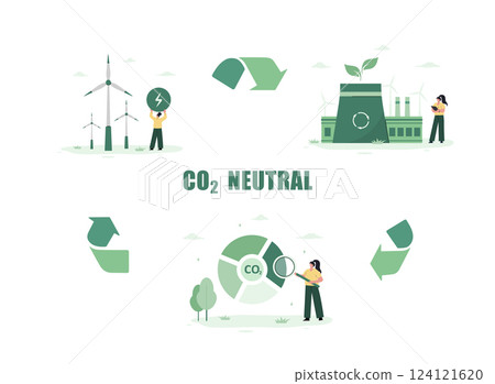 Circular economy. Net zero emissions and carbon dioxide balance. Climate change and sustainability. Vector illustration in flat cartoon style 124121620