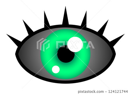 Illustration of a big eyeball with colored contact lenses in the eye at an ophthalmologist 124121744