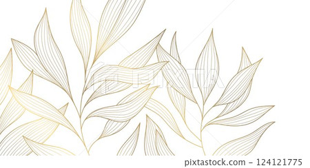 Vector leaf pattern, gold line art background. Art deco plant texture, elegant japanese graphic. Organic exotic drawing, boho flora garden illustration. 124121775