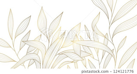 Vector leaf pattern, gold line art background. Art deco plant texture, elegant japanese graphic. Organic exotic drawing, boho flora garden illustration. 124121776
