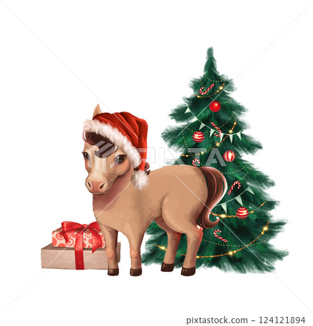 Cute pony horse with Christmas tree and gift boxes. Hand drawn illustration. Cute pony horse with Christmas tree and gift boxes. Hand drawn illustration. 124121894