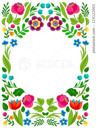 Frame with pretty flowers. Beautiful decorative natural plants and leaves. 124122003