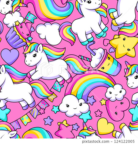 Pattern with unicorns. Happy birthday party background. 124122005