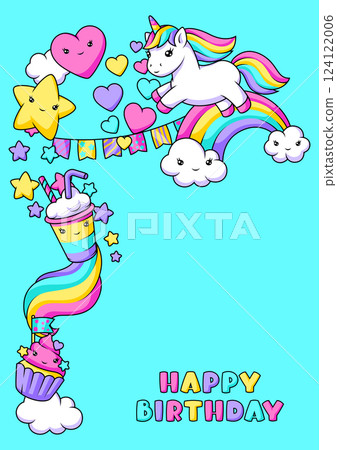 Background with unicorn. Happy birthday party invitation. 124122006