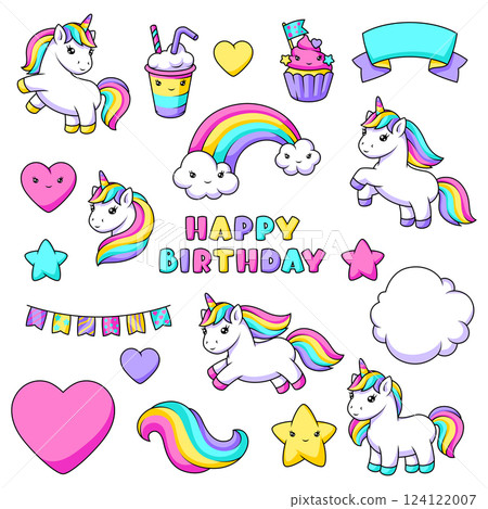 Unicorns and party items. Happy birthday decorative objects. 124122007