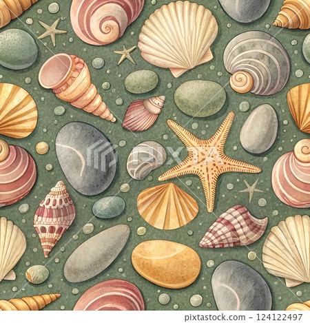 Seamless pattern of seashells and marine elements 124122497