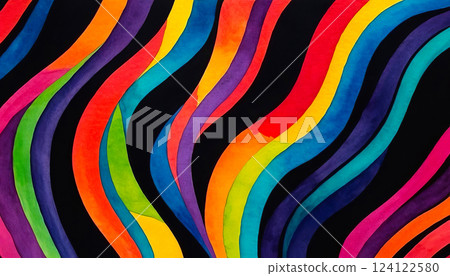 Curved watercolor bright multicolored stripes on black background, abstract pattern 124122580