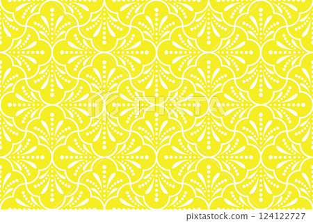 Flower geometric pattern. Seamless vector background. White and yellow ornament. Ornament for fabric, wallpaper, packaging. Decorative print Flower geometric pattern. Seamless vector background. White and yellow ornament. Ornament for fabric, wallpaper, packaging. Decorative print 124122727
