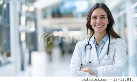 Happy and approachable female doctor in a modern clinical environment. The medical professional is positioned on the right side, leaving a well-balanced negative space on the left for copy text 124122913