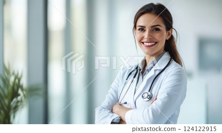 Happy and approachable female doctor in a modern clinical environment. The medical professional is positioned on the right side, leaving a well-balanced negative space on the left for copy text 124122915
