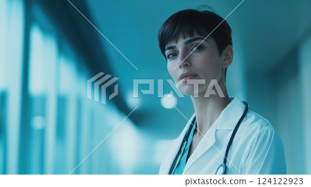 Portrait of a professional female doctor with short hair, wearing a white coat and a stethoscope. The background is a modern hospital interior with a soft blue tint. Large empty space on the left Portrait of a professional female doctor with short hair, wearing a white coat and a stethoscope. The background is a modern hospital interior with a soft blue tint. Large empty space on the left 124122923
