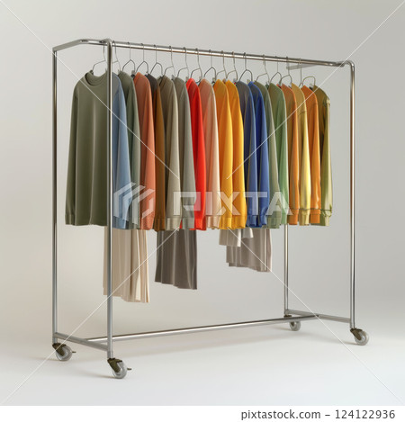 Metal rack with colored hangers, 3D front view, white background. Bold design enhances clothing showcase appeal. Metal rack with colored hangers, 3D front view, white background. Bold design enhances clothing showcase appeal. 124122936