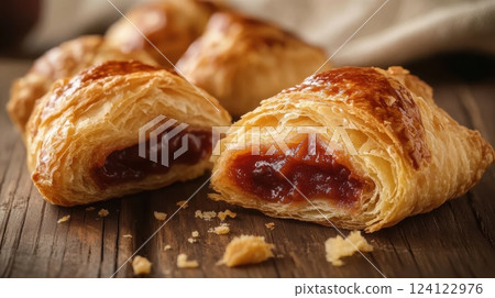 flaky golden french croissants filled with japanese sweet red bean paste anko, torn croissant revealing soft airy layers and smooth filling on rustic wooden surface with natural lighting 124122976