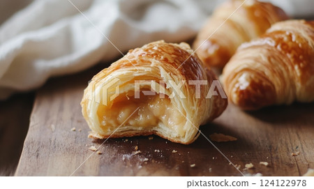 flaky golden french croissants filled with japanese sweet red bean paste anko, torn croissant revealing soft airy layers and smooth filling on rustic wooden surface with natural lighting flaky golden french croissants filled with japanese sweet red bean paste anko, torn croissant revealing soft airy layers and smooth filling on rustic wooden surface with natural lighting 124122978