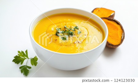 creamy pumpkin soup with thai coconut milk and turmeric in a minimalist composition isolated on white background with large empty space concept of healthy eating, restaurant menu, food delivery creamy pumpkin soup with thai coconut milk and turmeric in a minimalist composition isolated on white background with large empty space concept of healthy eating, restaurant menu, food delivery 124123030