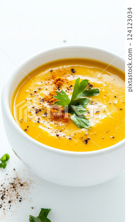 creamy pumpkin soup with thai coconut milk and turmeric in a minimalist composition isolated on white background with large empty space concept of healthy eating, restaurant menu, food delivery 124123034