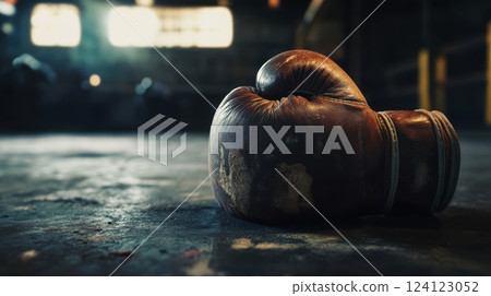 Close-up of worn boxing gloves resting on a gym floor, dramatic lighting highlighting texture, sweat stains, and the spirit of intense training Close-up of worn boxing gloves resting on a gym floor, dramatic lighting highlighting texture, sweat stains, and the spirit of intense training 124123052