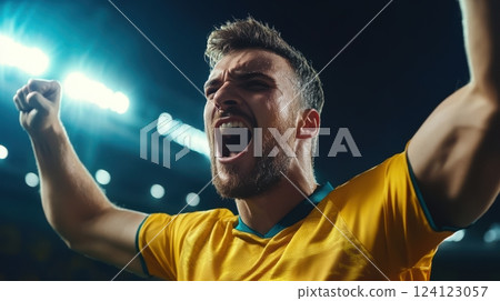 Close-up of a victorious athlete raising fists, sweat-drenched face, stadium lights in the background, capturing the intensity and triumph of sports Close-up of a victorious athlete raising fists, sweat-drenched face, stadium lights in the background, capturing the intensity and triumph of sports 124123057
