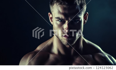 High-contrast studio portrait of a focused athlete, highlighting muscles and determination with cinematic lighting and a moody background High-contrast studio portrait of a focused athlete, highlighting muscles and determination with cinematic lighting and a moody background 124123062