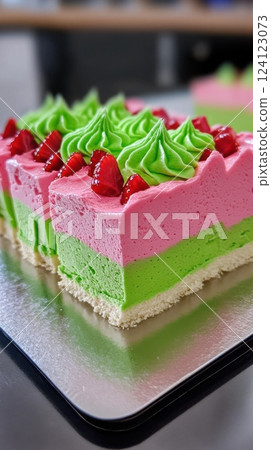 vibrant mousse cake with bright pink strawberry mousse layer and smooth green lime cream, elegantly presented with glossy glaze and delicate decoration concept of bakery, pastry shop, dessert menu vibrant mousse cake with bright pink strawberry mousse layer and smooth green lime cream, elegantly presented with glossy glaze and delicate decoration concept of bakery, pastry shop, dessert menu 124123073