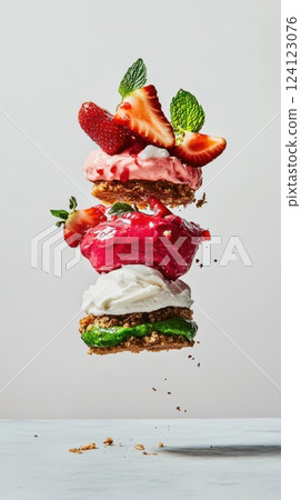 vibrant mousse cake with bright pink strawberry mousse layer and smooth green lime cream in a deconstructed levitating composition against a light background creating a gravity-defying effect concept vibrant mousse cake with bright pink strawberry mousse layer and smooth green lime cream in a deconstructed levitating composition against a light background creating a gravity-defying effect concept 124123076