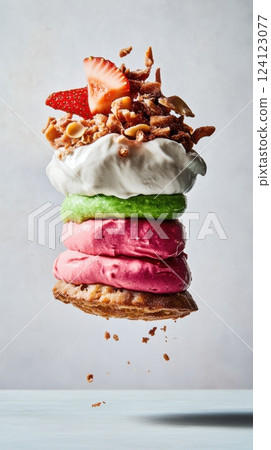 vibrant mousse cake with bright pink strawberry mousse layer and smooth green lime cream in a deconstructed levitating composition against a light background creating a gravity-defying effect concept 124123077