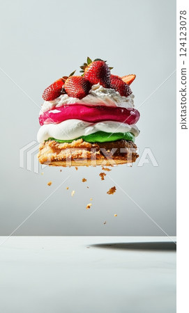 vibrant mousse cake with bright pink strawberry mousse layer and smooth green lime cream in a deconstructed levitating composition against a light background creating a gravity-defying effect concept 124123078