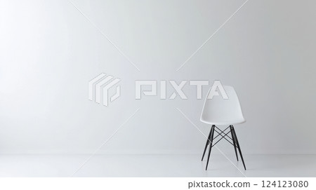 Minimalist white chair in a spacious empty room with clean white walls and floor, modern interior design with copy space for text or creative composition. Minimalist white chair in a spacious empty room with clean white walls and floor, modern interior design with copy space for text or creative composition. 124123080