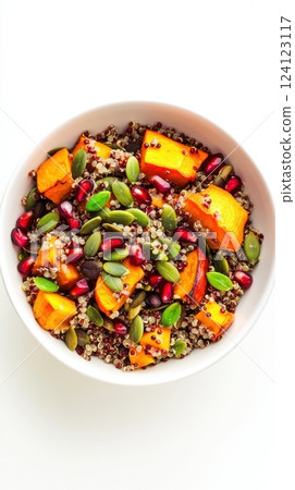 autumn quinoa salad with roasted pumpkin, pumpkin seeds, and pomegranate served on a white background with a tiny focal point and vast clean negative space concept of seasonal healthy eating 124123117