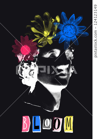 Halftone classical greek bust with colorful floral crown, vintage contemporary pop art, ransom font text Bloom. Grunge vector illustration for posters, prints, apparel 124123149