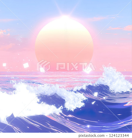 Surreal sunrise with ocean waves and pastel sky reflections. 124123344