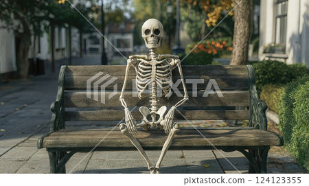 plastic skeleton decoration sits casually on a wooden park bench during autumn, with residential street, trees and bokeh lights in the background 124123355
