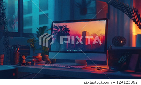 The image shows a desktop setup by a window during a rainy evening, with a monitor displaying a vibrant, futuristic cityscape. Reflections of neon lights and rain create a cozy, cyberpunk atmosphere 124123362