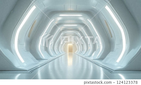 Futuristic white corridor with repeating illuminated arches creating a tunnel effect, leading to a warm glowing exit point, featuring sleek geometric design and reflective flooring 124123378