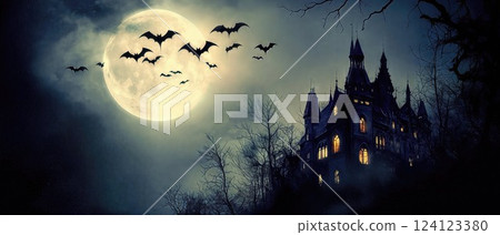 dark, gothic castle under a glowing full moon, surrounded by flying bats, evoking mystery, horror, and supernatural legends 124123380
