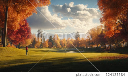 golf course bathed in warm autumn colors, with vibrant orange and red trees framing the lush green fairway under a picturesque sky, creating a tranquil outdoor escape. 124123384